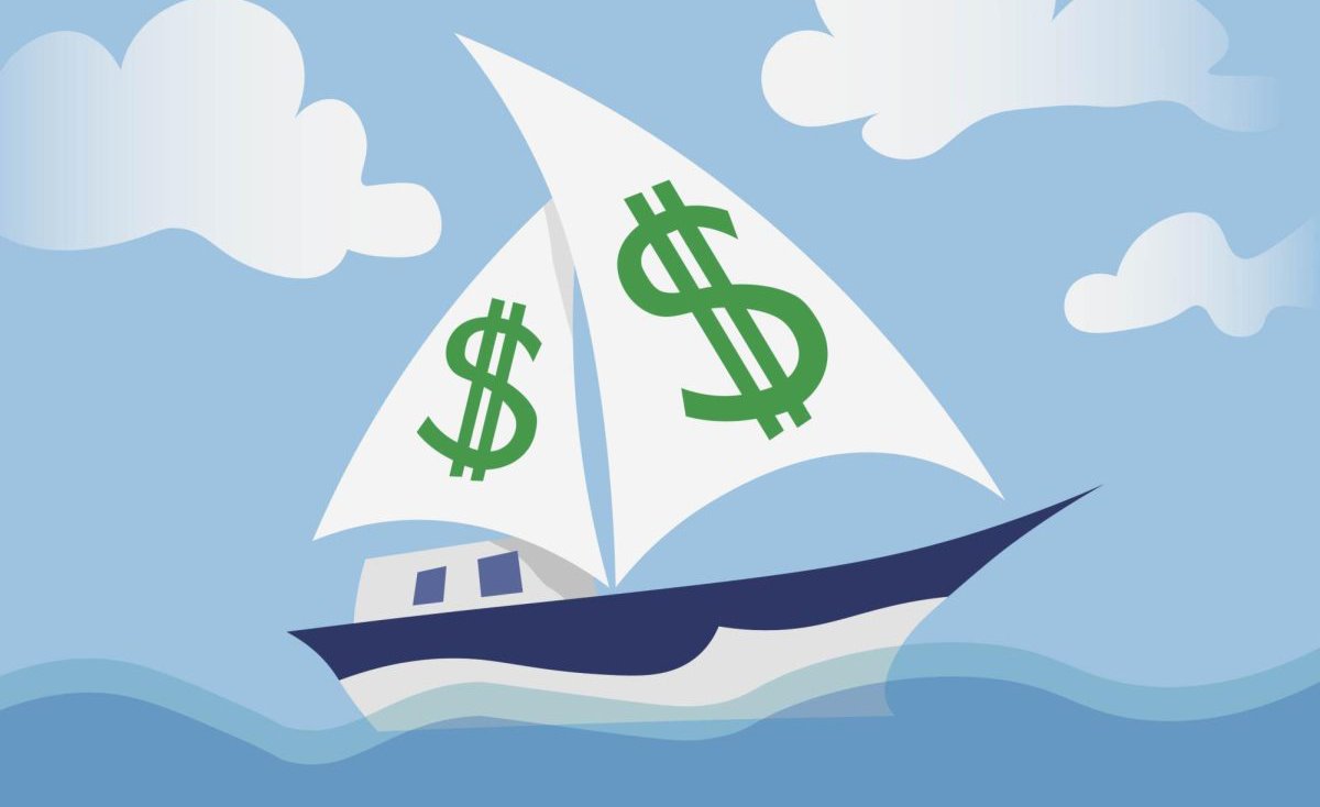 Illustration of a sailboat with dollar symbols on the sails.